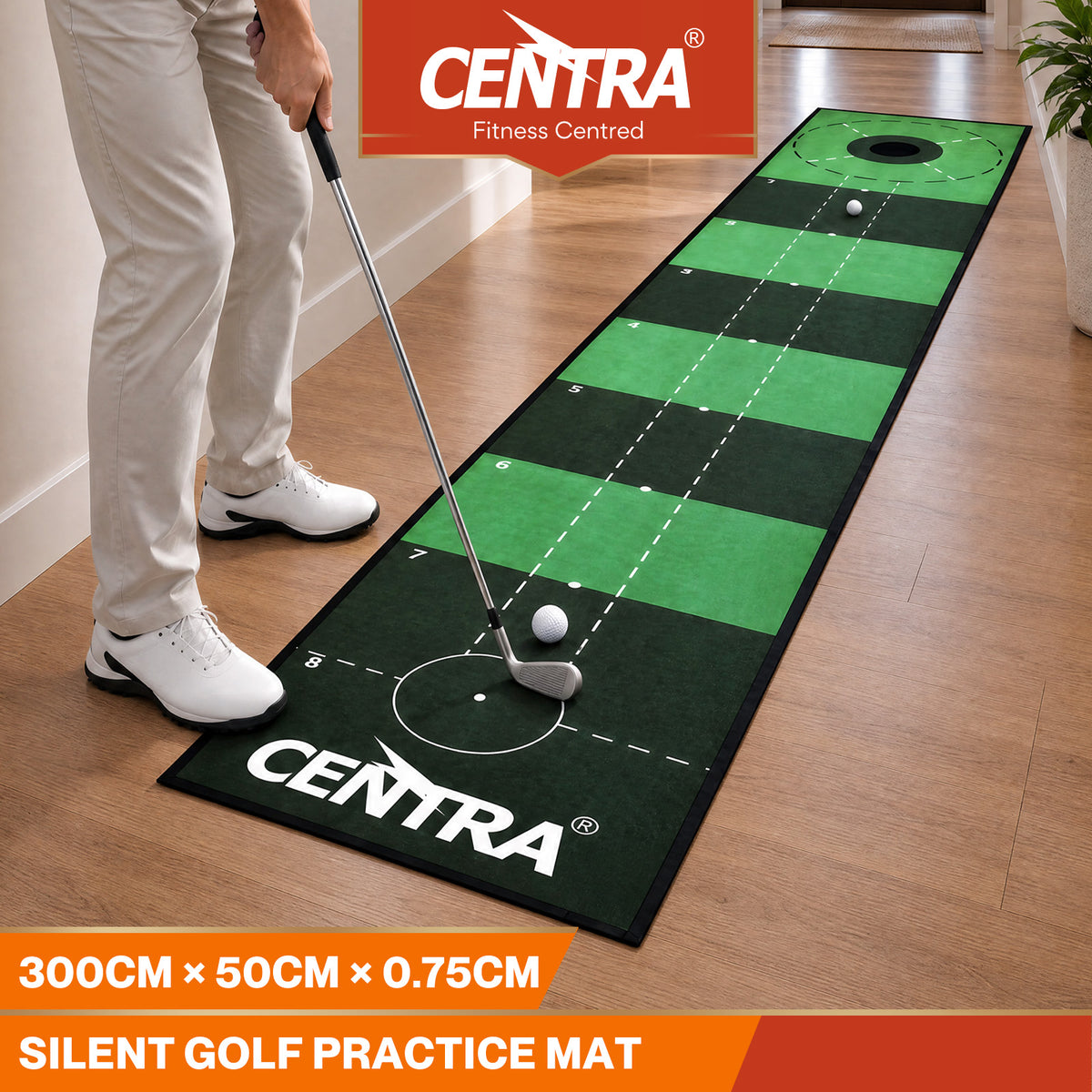 Centra Golf Putting Mat 3m Indoor Practice Non Slip Backing for Office Green