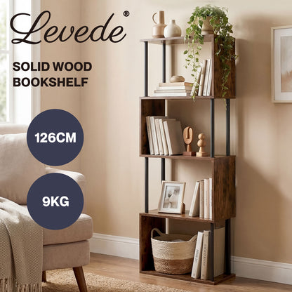 Levede 5-Tier Bookshelf S-Shaped Geometric Tall Bookcase Storage Unit Walnut