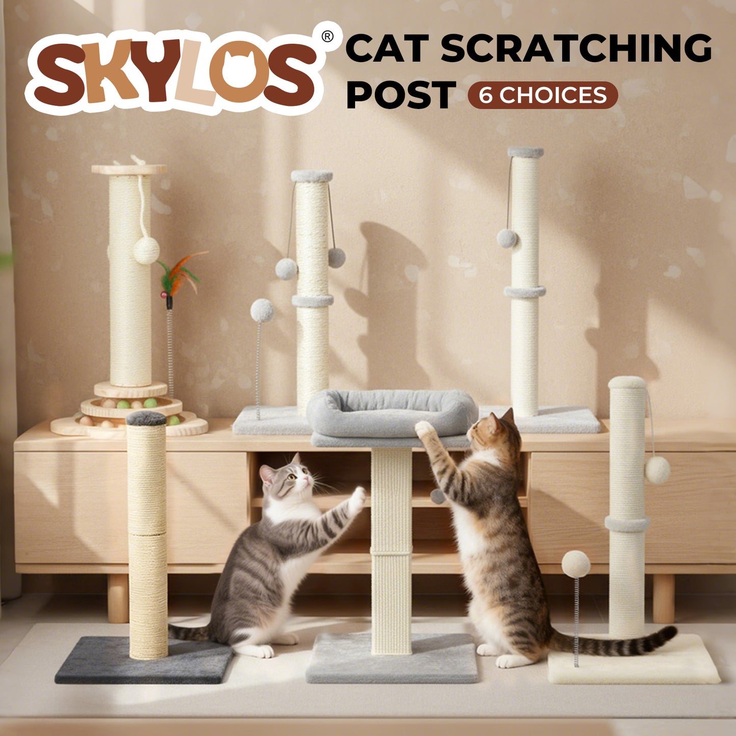 Skylos Tall Cat Scratching Post Natural Sisal Pole Heavey Duty Base with Ball