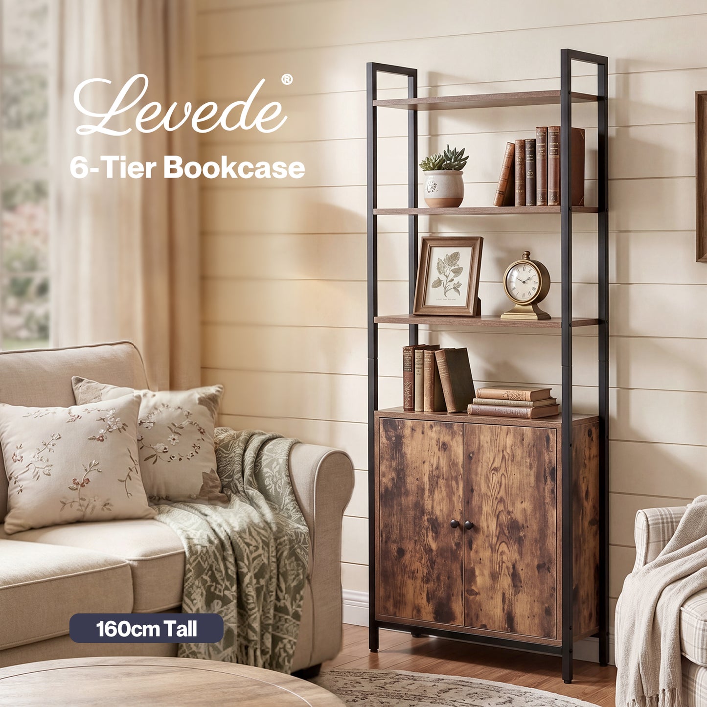 Levede Bookshelf 6 Tier Adjustable Display Shelf  90kg Living Room Walnut Colour