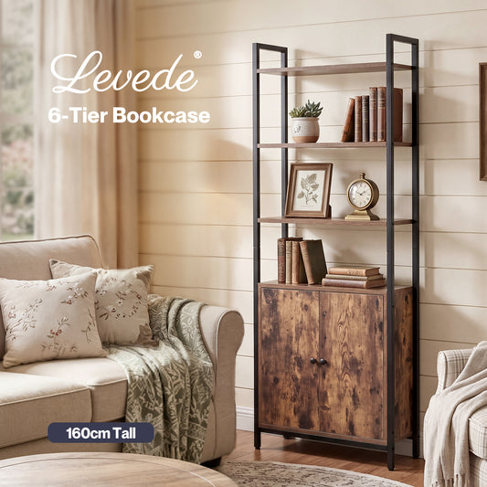 Levede Bookshelf 6 Tier Adjustable Display Shelf  90kg Living Room Walnut Colour