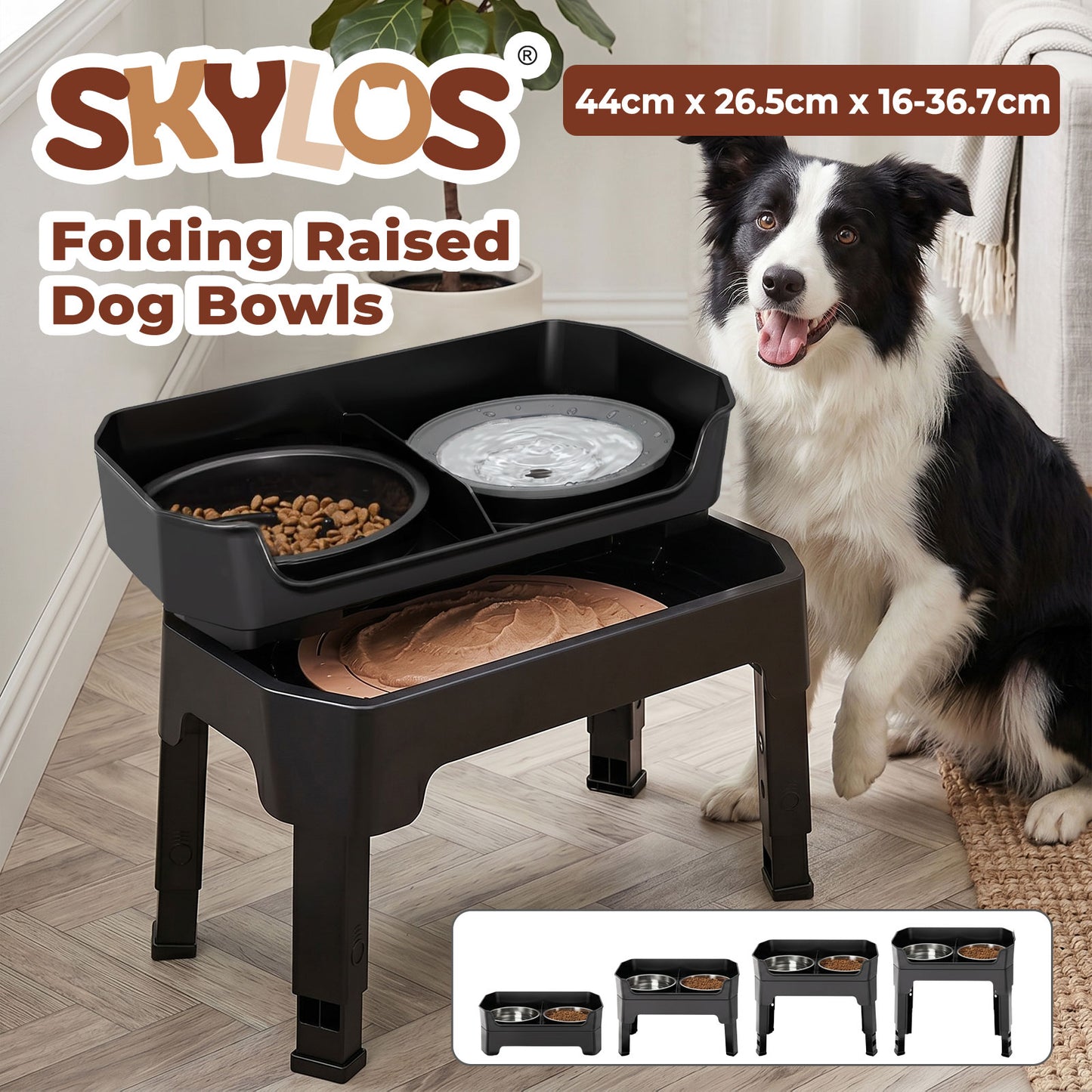 Skylos Raised Dog Bowl 4-Height Adjustable Feeding Station Full Set 1600ml Black
