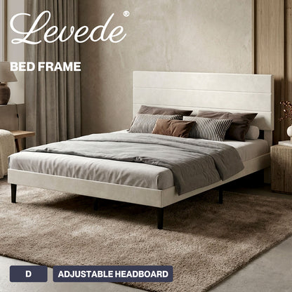 Levede Double Bed Frame with Upholstered Headboard Velvet Foam White Fabric