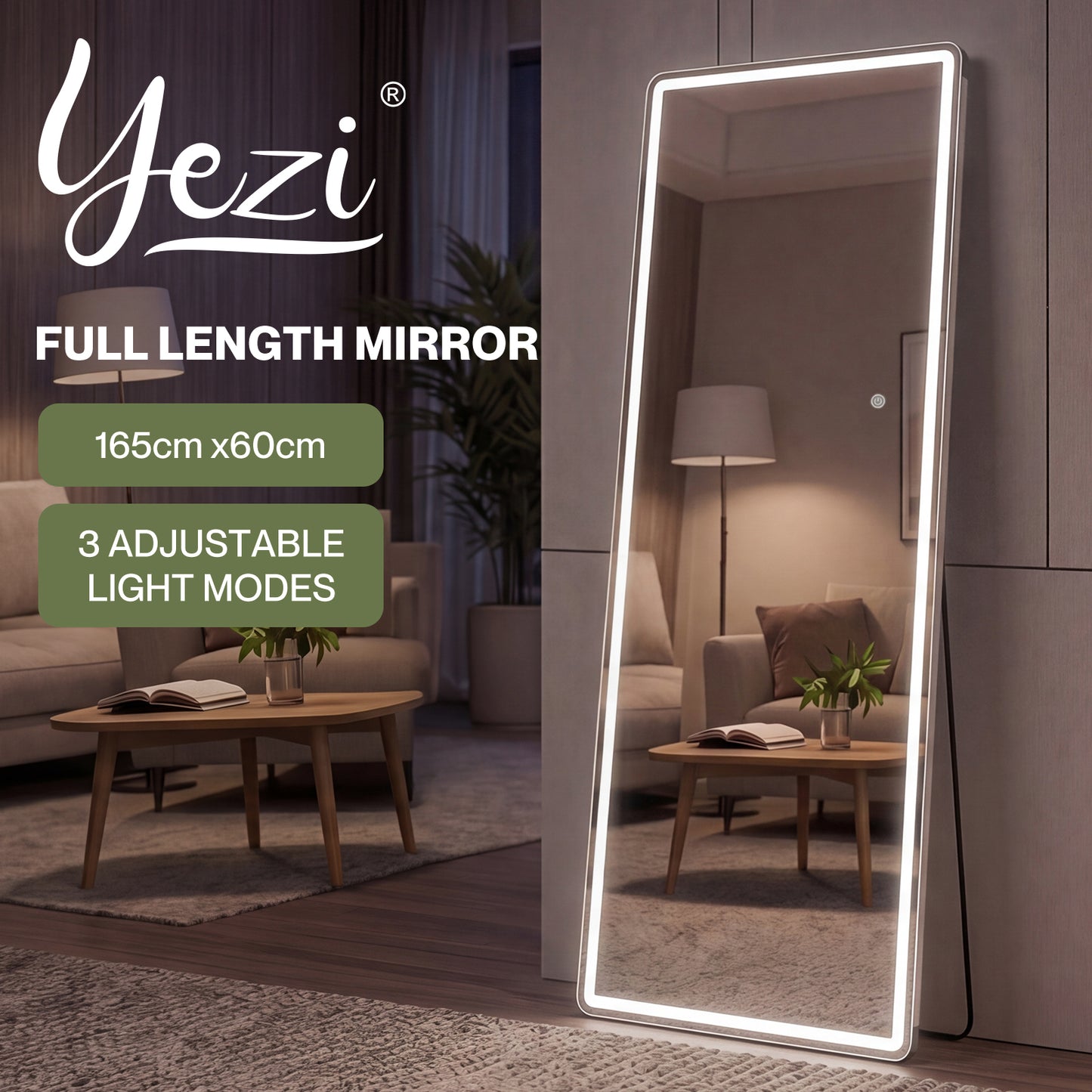Yezi Full Length Mirror 3 Color LED Touch Dressing Mirror 165x60cm with Dimming