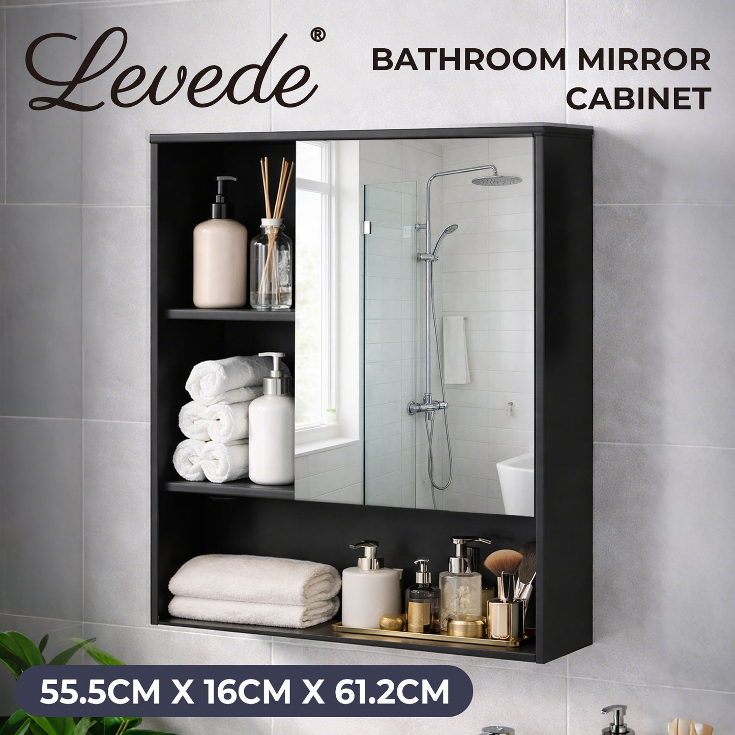 Levede Bathroom Mirror Cabinet Wall Mounted Storage Cupboard Black Open Shelf