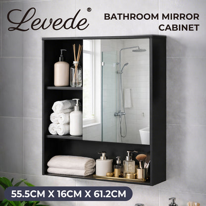 Levede Bathroom Mirror Cabinet Wall Mounted Storage Cupboard Black Open Shelf