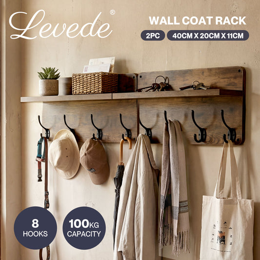 Levede Wall Coat Rack 2 PCS 8 Hooks Wall Mounted Heavy Duty Wooden Organiser