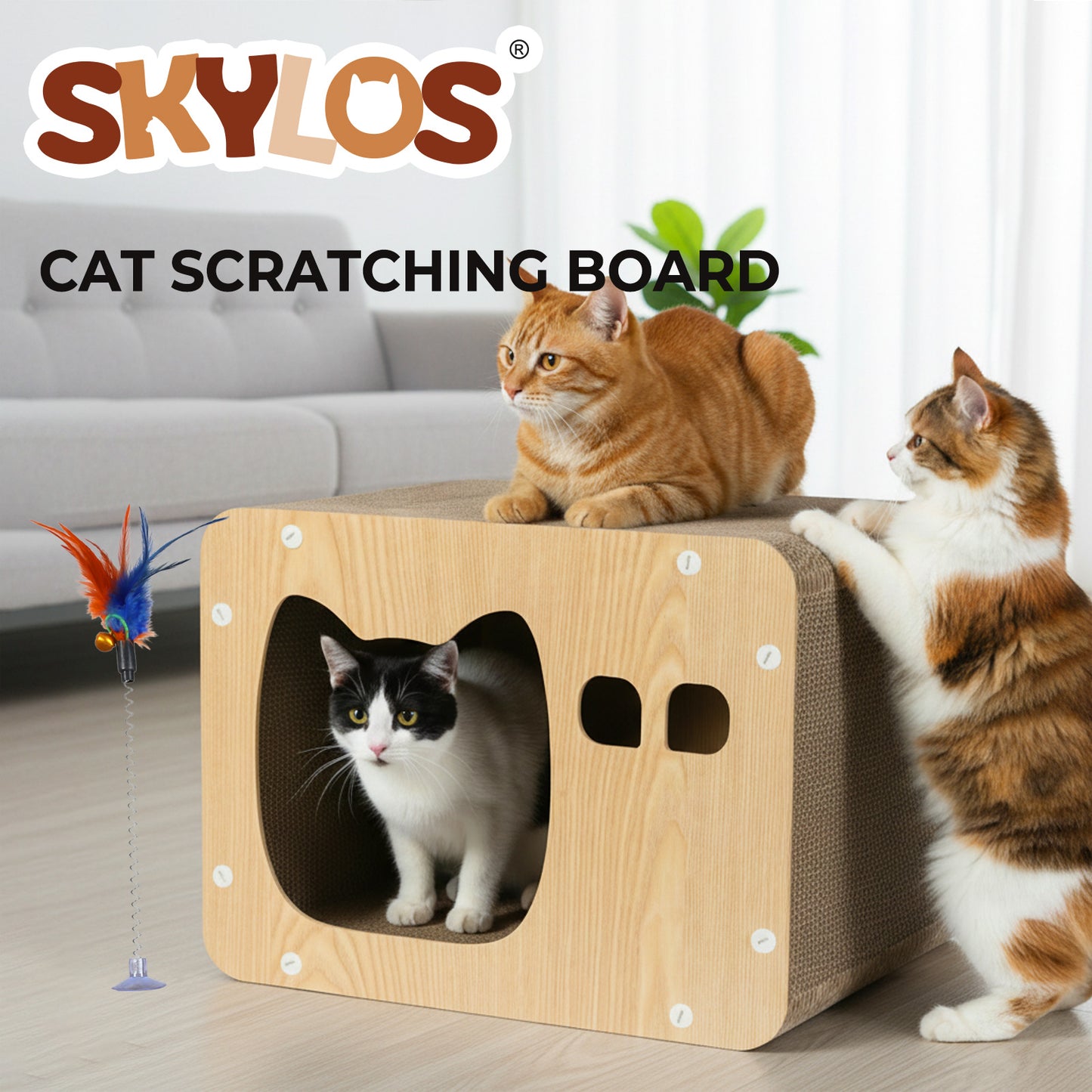 Skylos Cat Scratching Post Cat Cardboard House Cat Scratcher with Toy Indoor