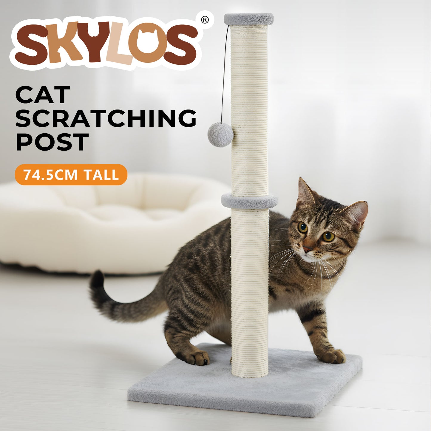 Skylos Tall Cat Scratching Post 75cm Sisal Pole Heavy Duty Base Scratcher Ball