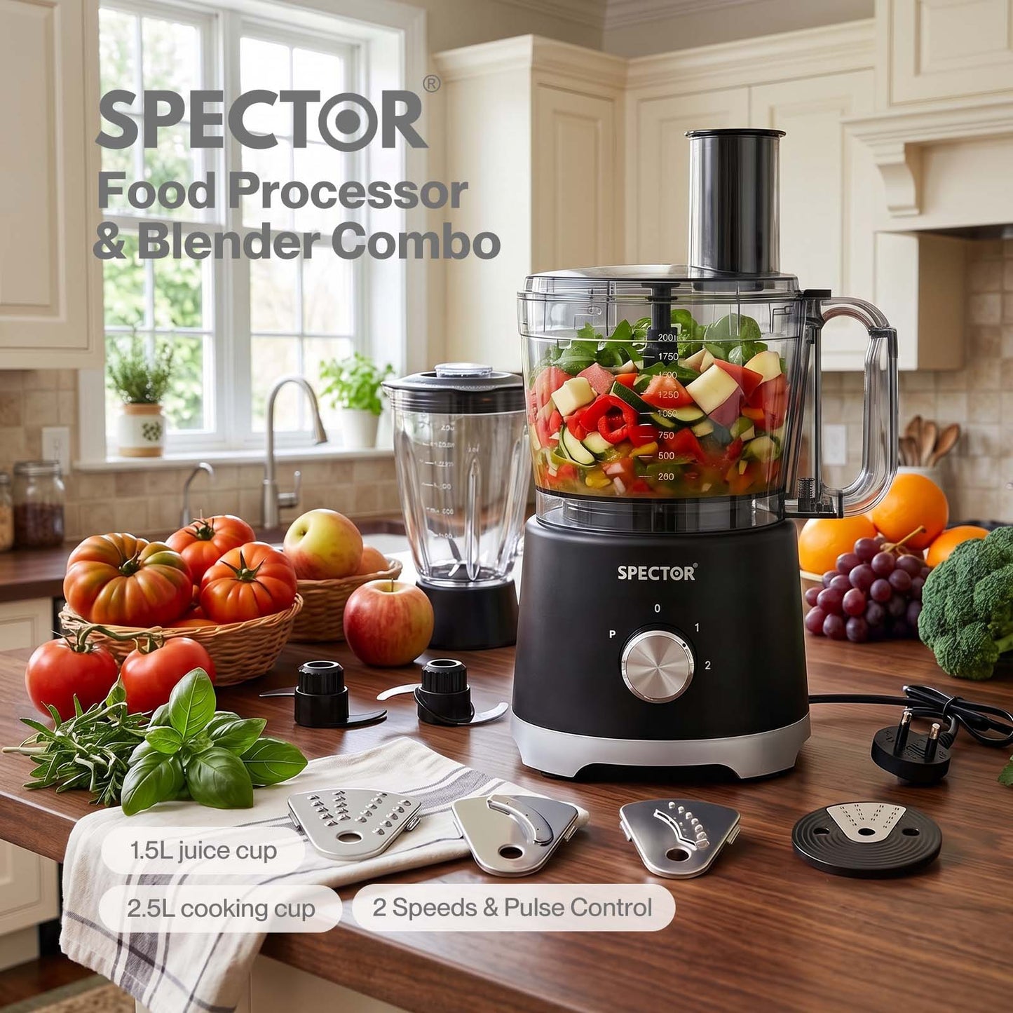 Spector Food Processor 1500W 2-Speed Pulse 2.5L Chopper 1.5L Glass Jug Black