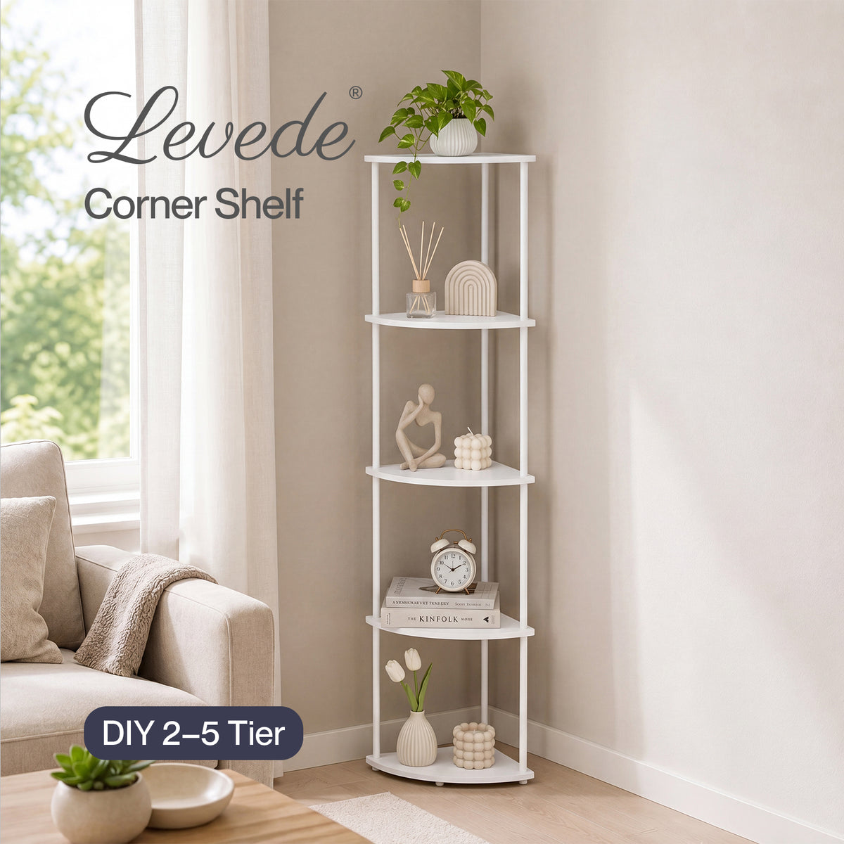 Levede Corner Bookcase Adjustable Corner Bookshelf Unit for Living Room White