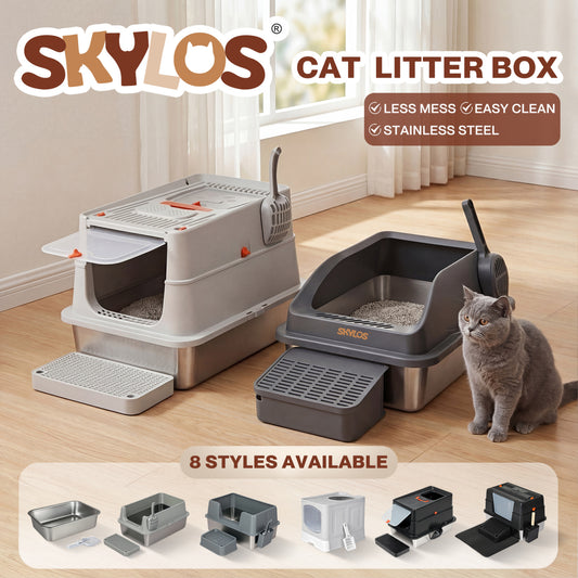 Skylos Cat Litter Box Enclosed Stainless Steel Anti-Splash Toilet Tray Foldable