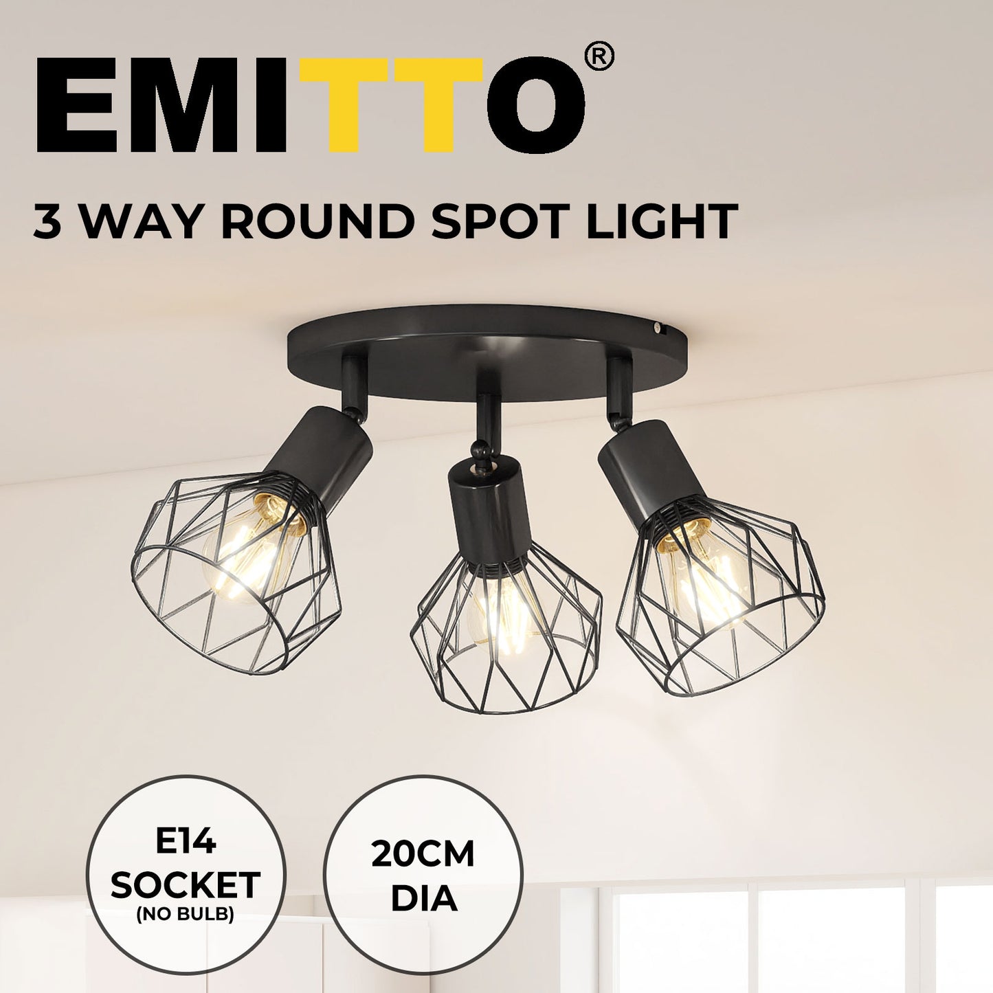 EMITTO 3-Way Spotlight Ceiling Light Adjustable Vintage Black E14 Metal Fixture