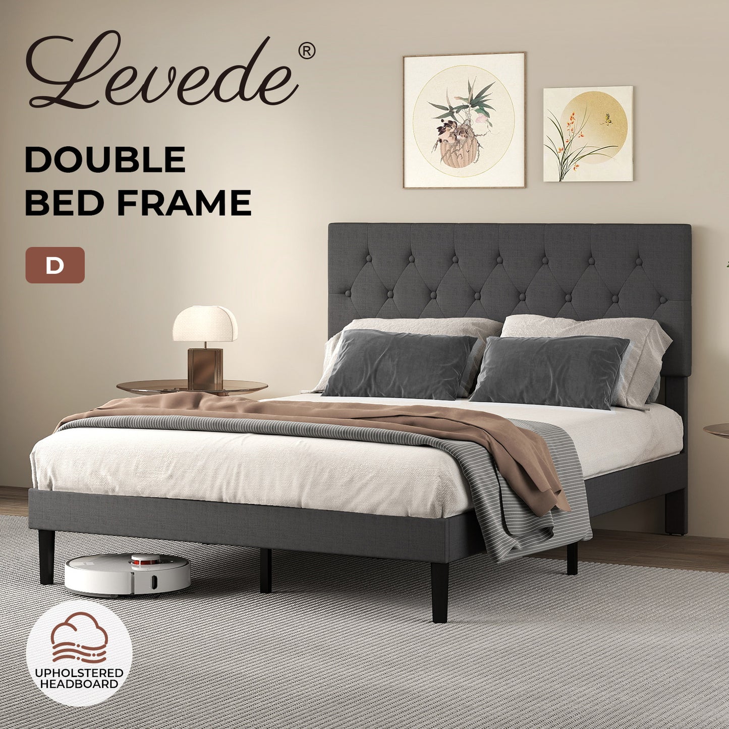 Levede Bed Frame Double Upholstered Linen Fabric Soft Foam Headboard Wooden Grey