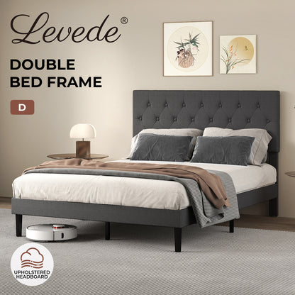 Levede Bed Frame Double Upholstered Linen Fabric Soft Foam Headboard Wooden Grey