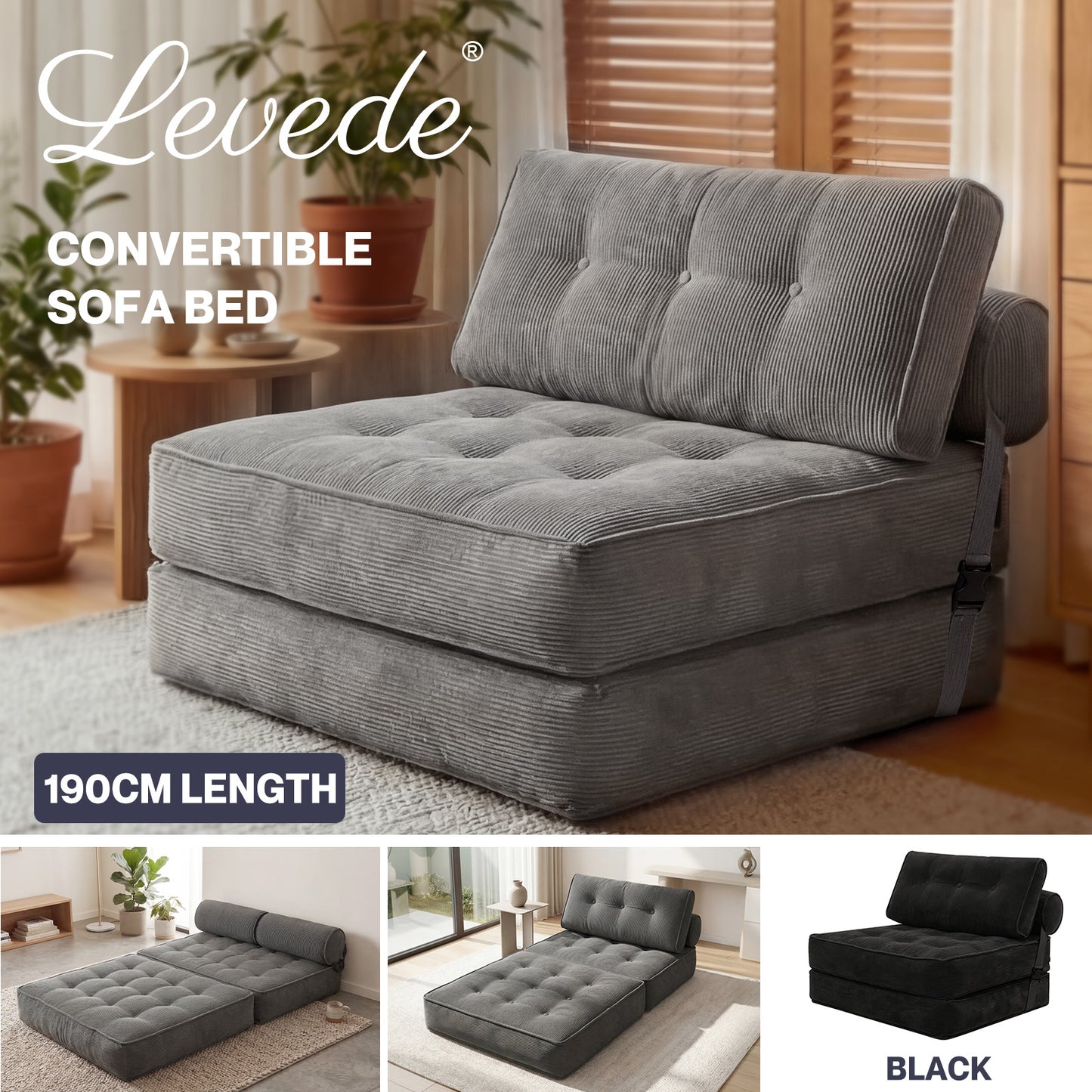 Levede Convertible Sofa Bed 3-IN-1 Portable Boneless Counch Lightweight Foldable