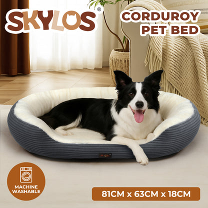 Skylos Dog Bed Luxury Soft Washable Puppy Cat Cushion Mattress Corduroy Grey L