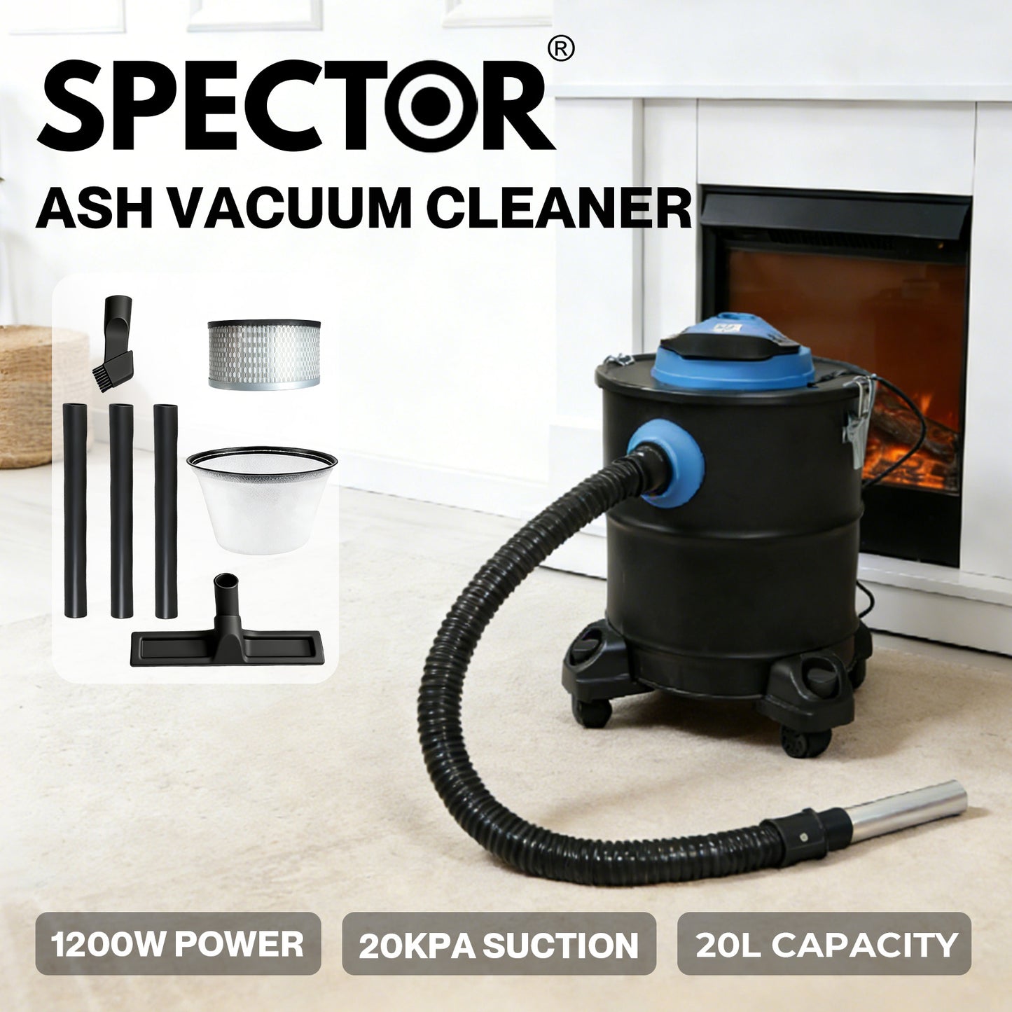 Spector 20L Fireplace Ash Vacuum Cleaner Wood Burner Blower Vac 1200W BBQ Stoves
