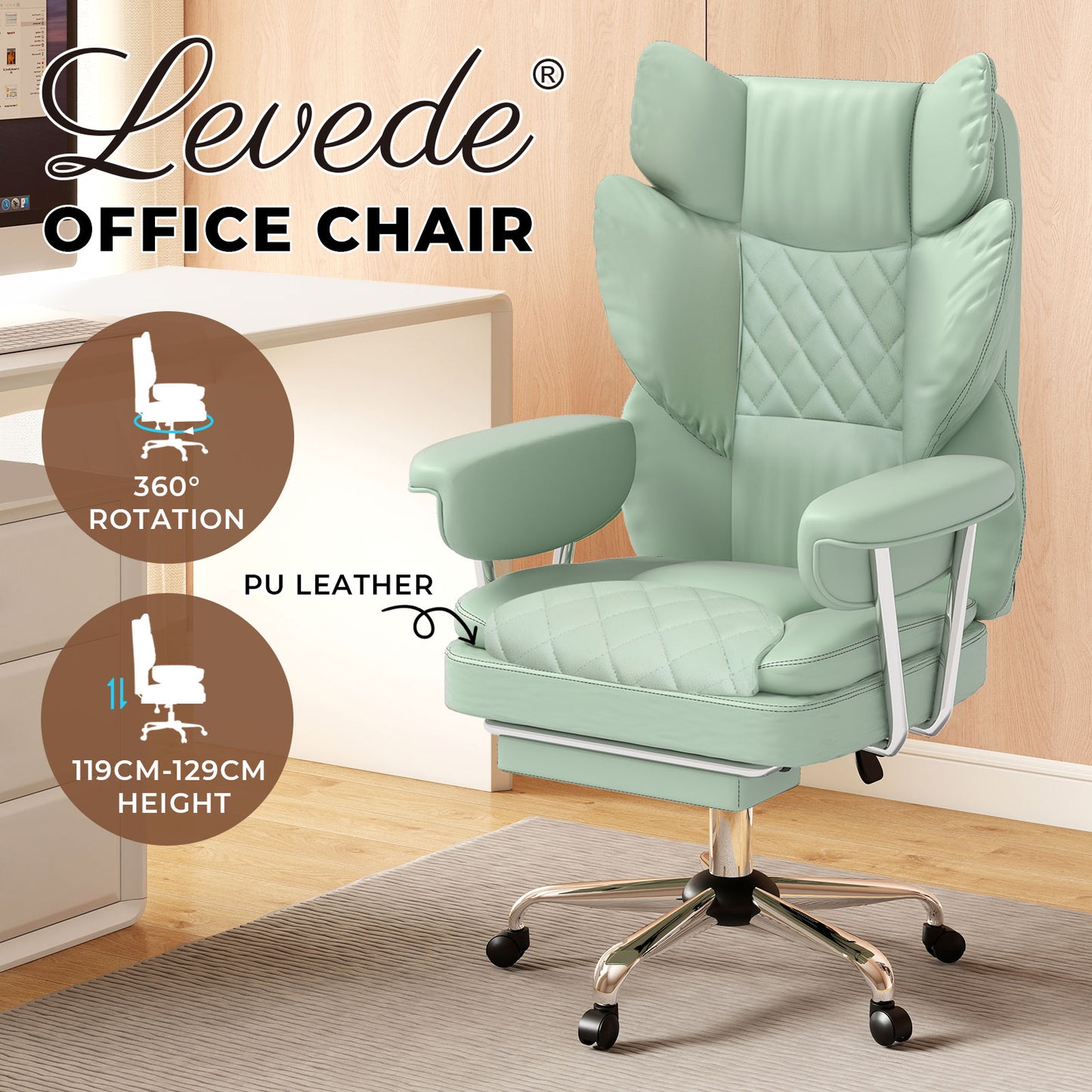 Levede Office Desk Chair Big and Tall for Heavy People with Footrest PU Green
