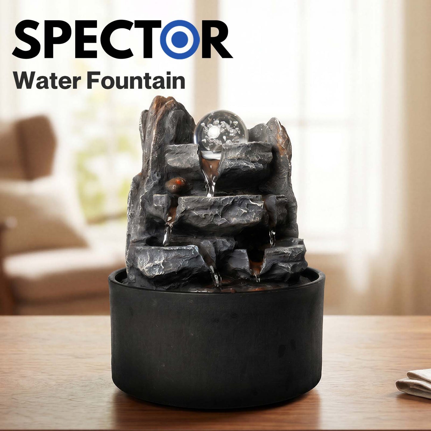 Spector Tabletop Water Fountain With Rotating Glass Ball  Resin Grey Brown