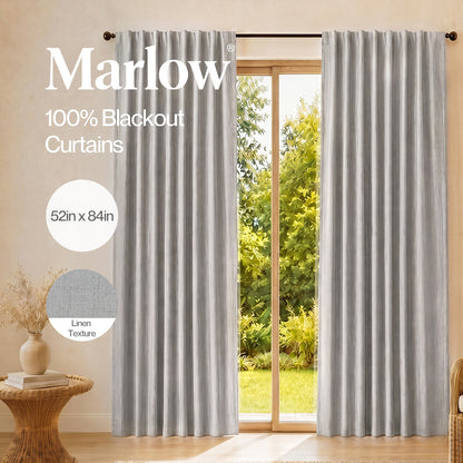 Marlow 100% Blackout Curtains Thermal Linen Look Pair Ready Made 52x84 in Grey