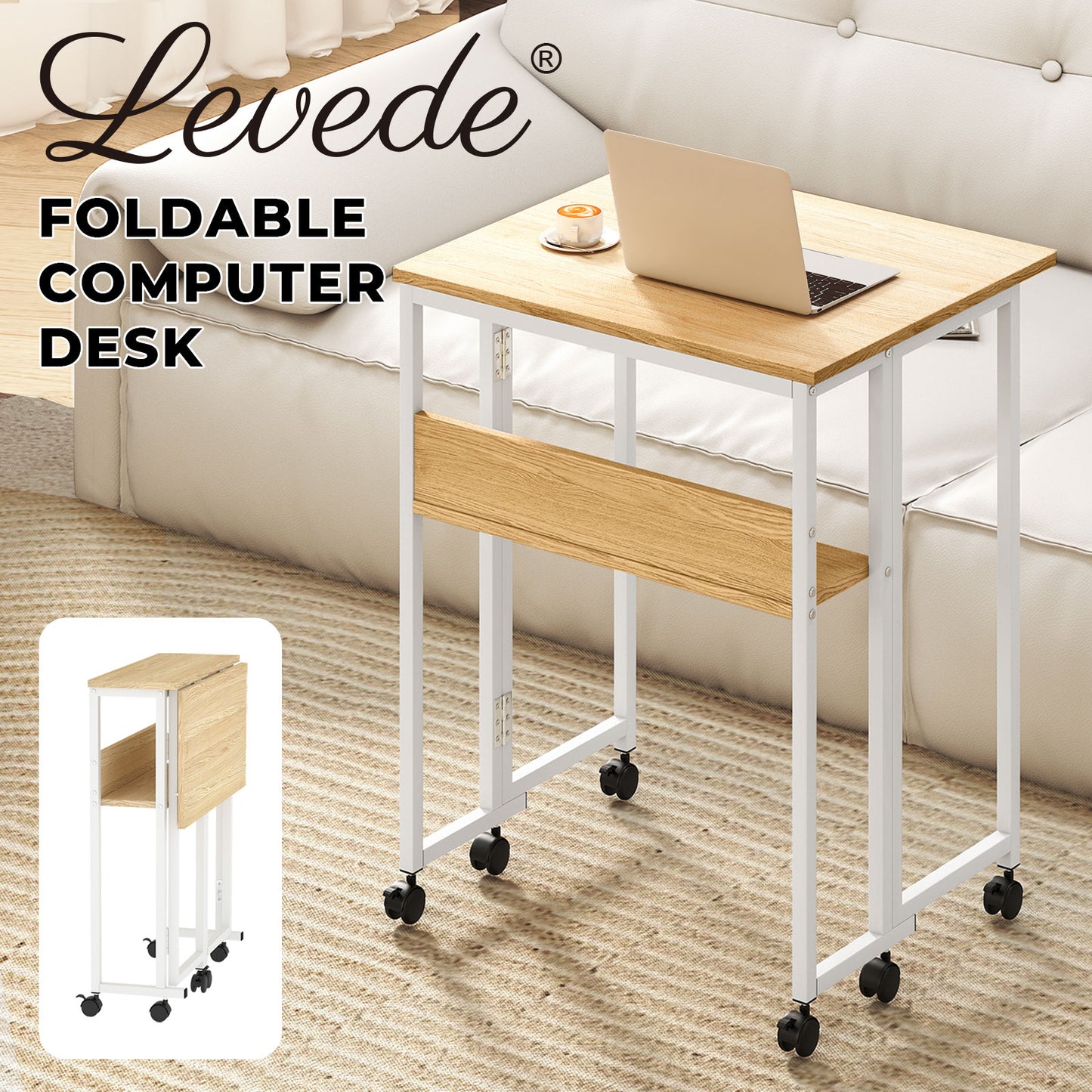 Levede Folding Computer Desk Extandable Table with Storage Shelf Wheeled Compact
