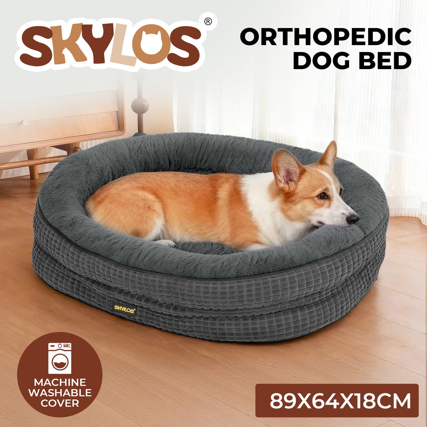 Skylos Orthopedic Plush Dog Bed Soft Washable Pet Bed Grey Cosy Cushion L Size