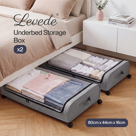 Levede Under Bed Storage Boxes with Lids  46L x2  Rolling  Grey  Oxford