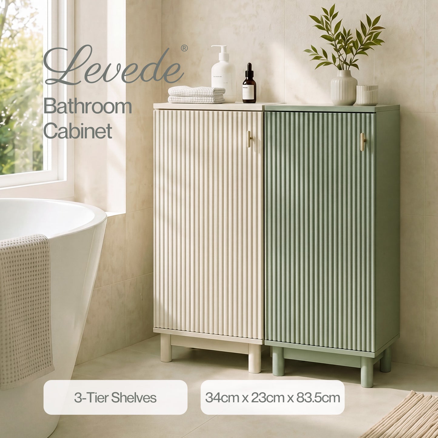 Levede 80cm Tall Bathroom Cabinet Vanity Narrow Storage Cupboard Fluted 3 Tier