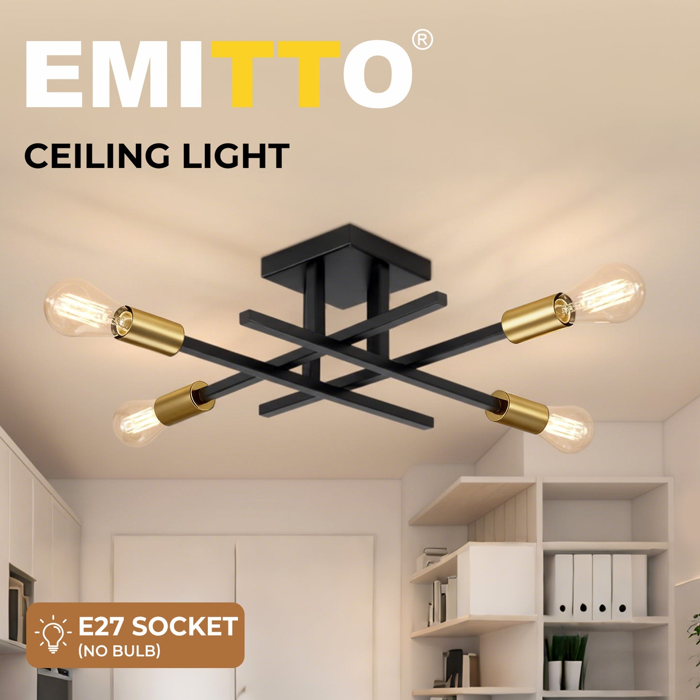 EMITTO Semi Flush Mount Ceiling Light Fixture Matte Black & Gold 4 Light E27