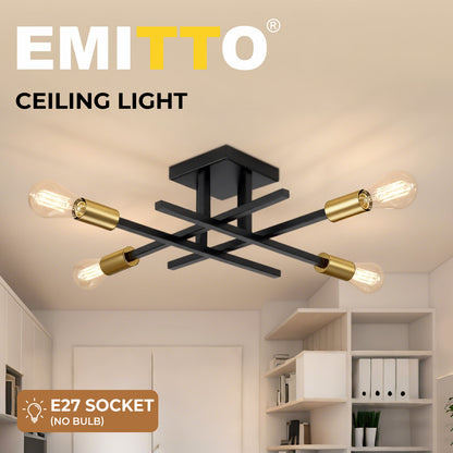 EMITTO Semi Flush Mount Ceiling Light Fixture Matte Black & Gold 4 Light E27