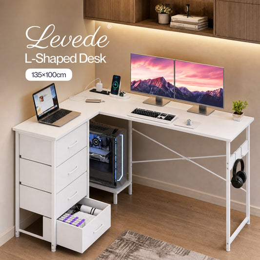 Levede Corner Desk L Shaped with Drawers Power Outlet Office Gaming Wood White