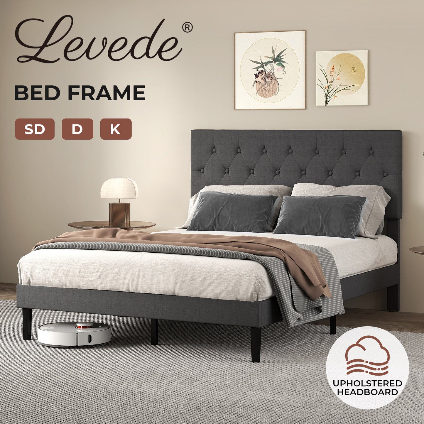 Levede Upholstered Bed Frame Wood Small Double Linen Fabric Soft Foam Headboard