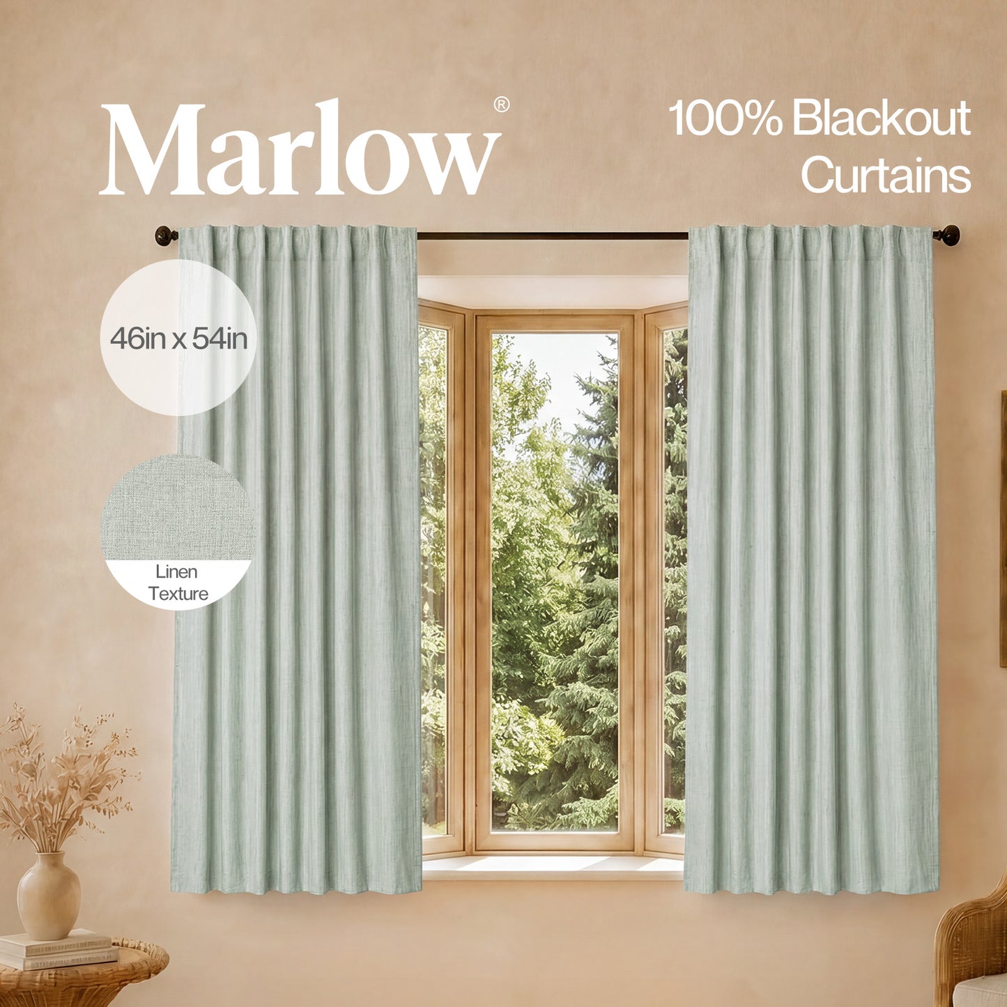Marlow 100% Blackout Curtains Thermal Linen Look Pair Ready Made 46x54 in Green