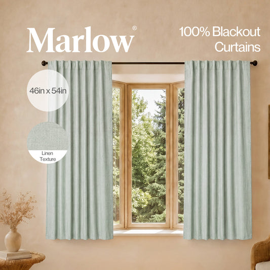 Marlow 100% Blackout Curtains Thermal Linen Look Pair Ready Made 46x54 in Green