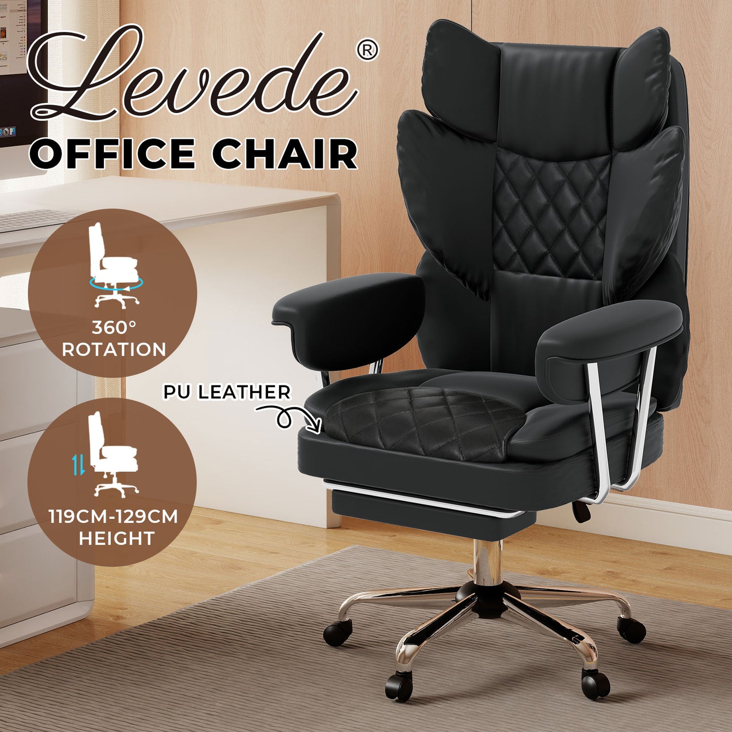 Levede Office Desk Chair Big and Tall for Heavy People with Footrest PU Black