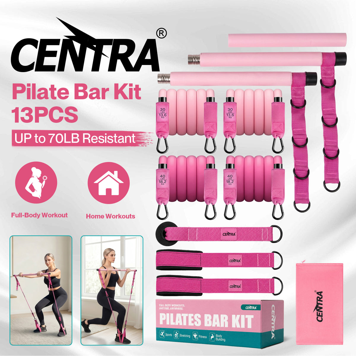 Centra Resistance Bands Pilates Kit Equipment 70LB Adjustable for Home Pink