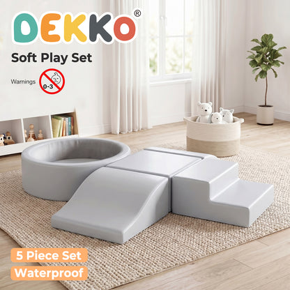 Dekko Soft Play Set 5Pc PU Leather Foam Blocks Baby Climbing Sliding Indoor Grey