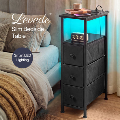 Levede Slim Bedside Table with Charging Station 3 Drawers for Bedroom Black