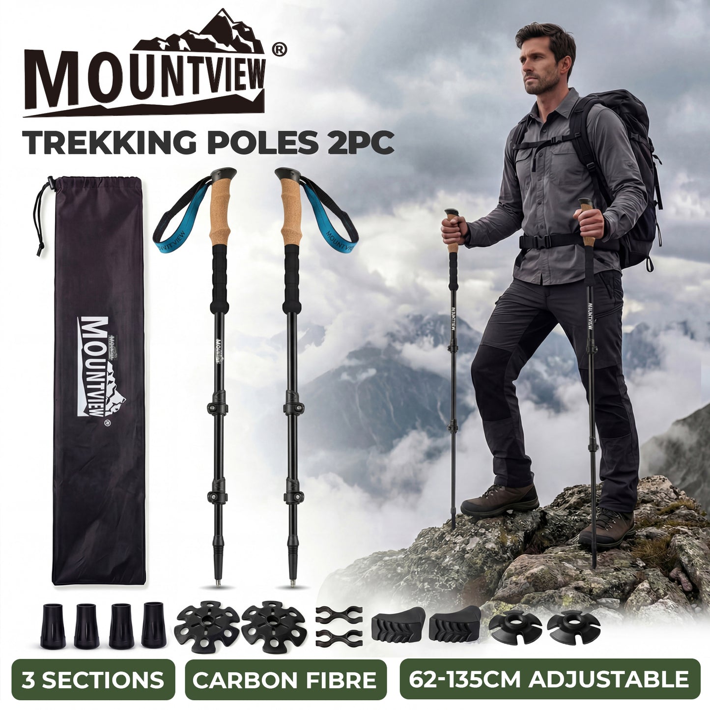 Mountview Trekking Poles Carbon Fibe Lightweight Hiking Sticks 2PC Black