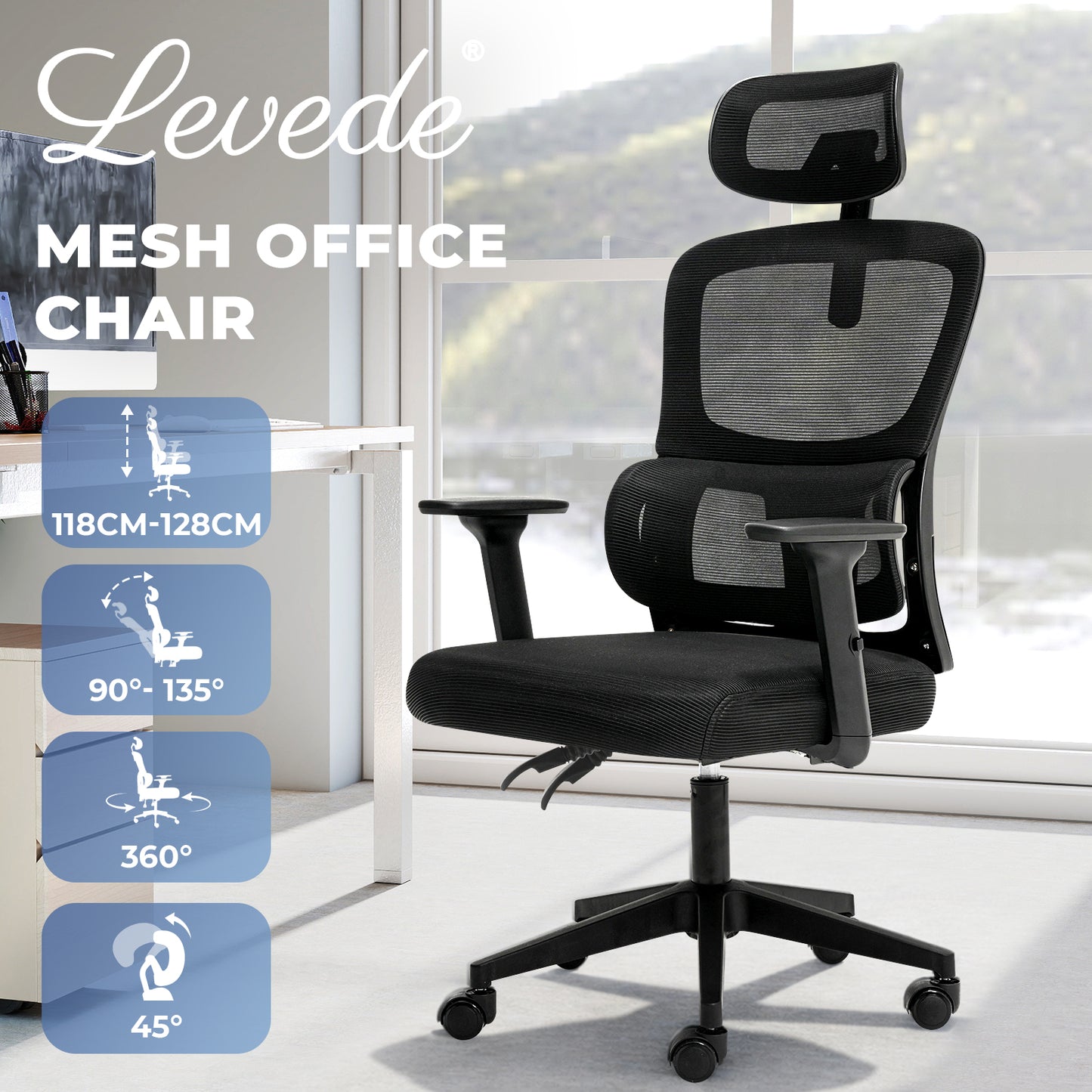 Office Computer Chair Mesh Ergonomic Lumbar Support with 3D Armrest Headrest