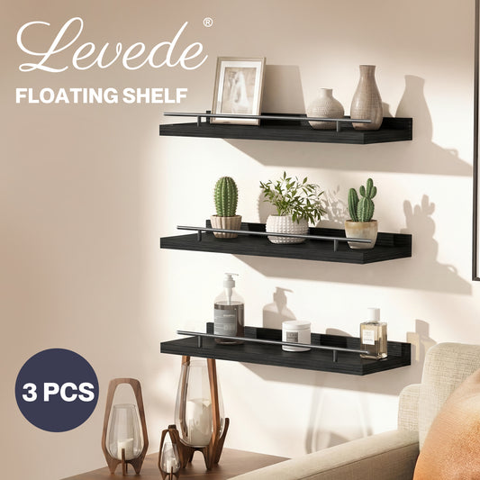 Levede Floating Shelves Set of 3 Wooden Wall Mounted Shelves Storage Black