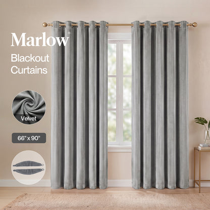 Marlow Thick Thermal Blackout Curtains Velvet 66x90 Inch Eyelet Ring Top Grey