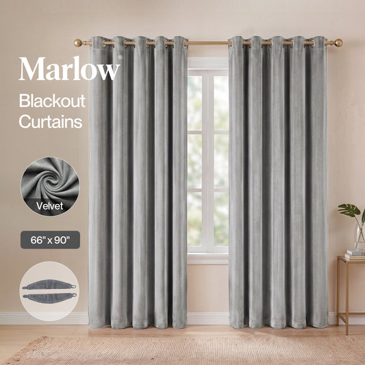 Marlow Thick Thermal Blackout Curtains Velvet 66x90 Inch Eyelet Ring Top Grey