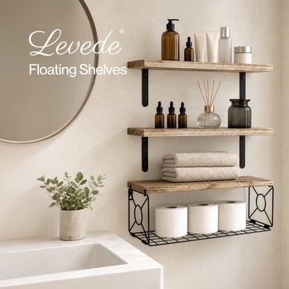 Levede Wood Floating Shelves 3 Tier Bathroom Wall Shelves with Storage Basket