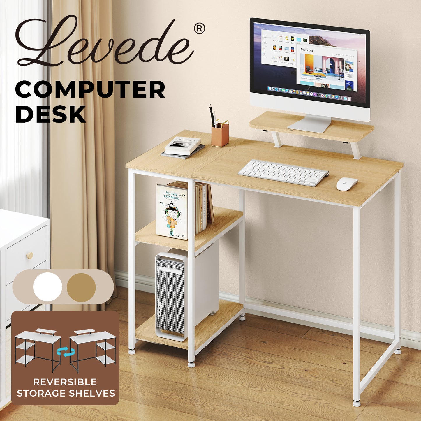 Levede Office Desk Ergonomic Computer Table with Storage Shelves Monitor Stand
