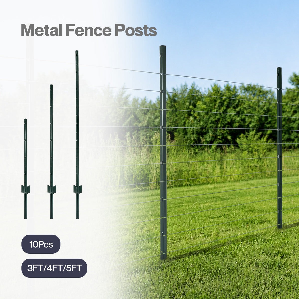 Metal Fence Posts 10Pc Set U Shape Powder Coated for Garden Boundary Green