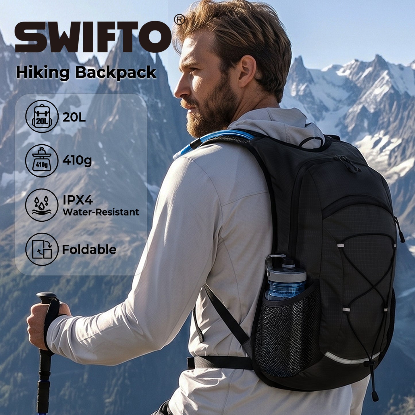 Swifto Hiking Backpack Foldable 20L Water Resistant Daypack For Camping Black