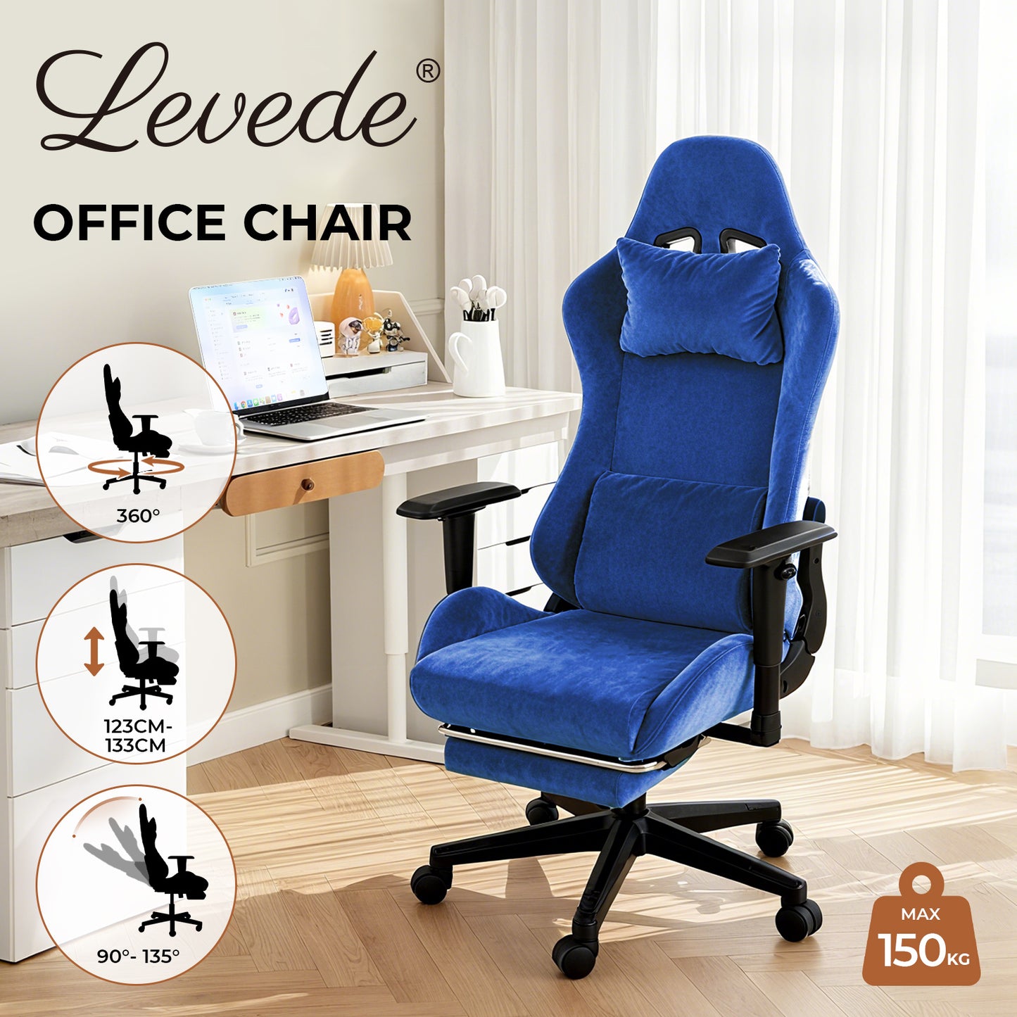 Levede Office Desk Chair Gaming Recliner Adjustable Height with Footrest Blue