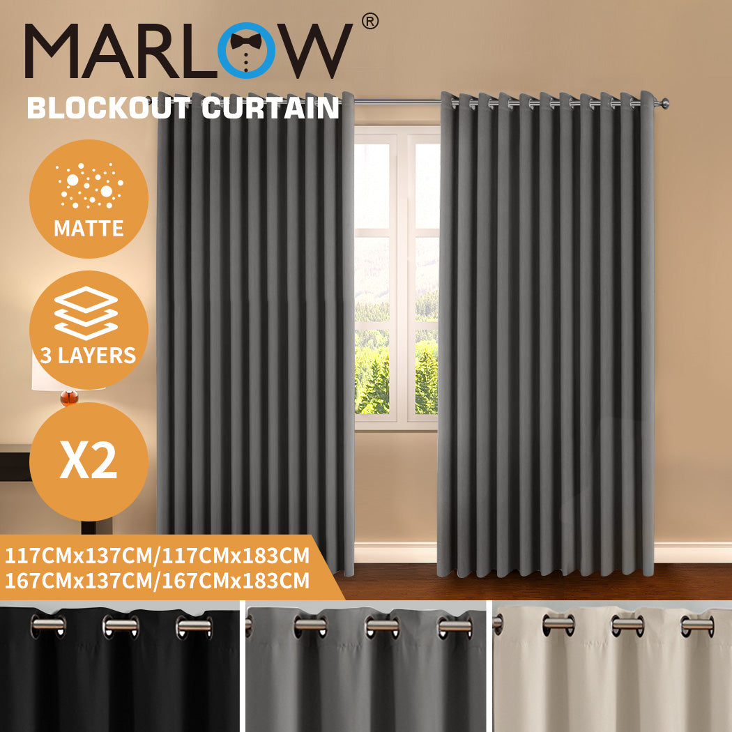 Marlow 2PC Thermal Blackout Blockout Curtains Eyelet Ring Top Thick Sun Block